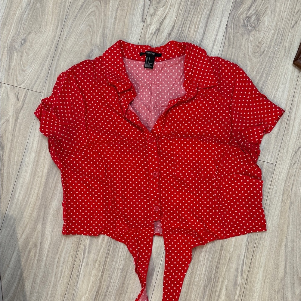 Forever 21 Red Polka Dot Tie-Front Button Down Crop top (size S)